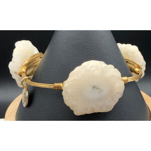 Bourbon & Boweties Bracelet Milky Quartz Slabs Gold Tone Wire‎ Wrapped Bangle